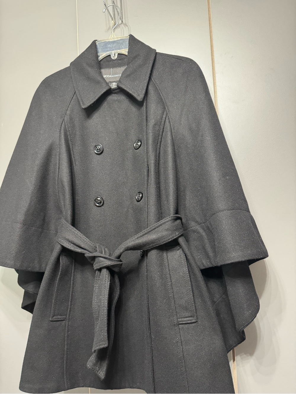 Moda International Black Double-Breasted Cape Coat with Tie Belt